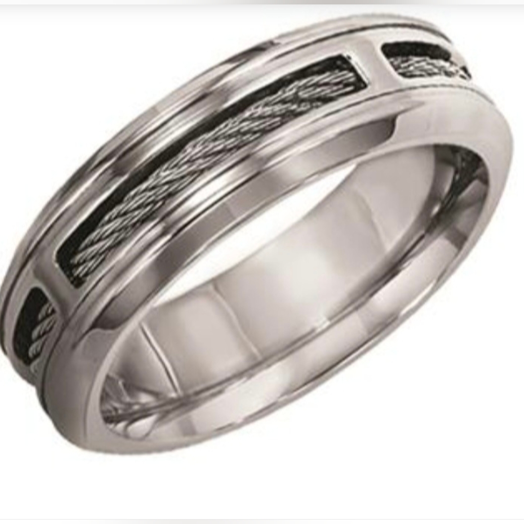 Unisex Triton Stainless Steel And Cable 7mm Beveled Edge Band Size: 4